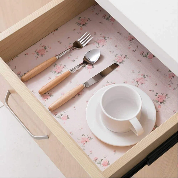 Kitchen Drawer Matt Printed Antibacterial Cabinet Plastic Foam Household Wardrobe Moisture Drawer Pad Waterproof Non-Slip Paper Kitchen Cupboard Liners Roll Mat, Place Mat for Kitchen Cupboard Liners, Table Drawer Mat, Drawer, Refrigerator 45x300 cm (Multi) - Set of 1